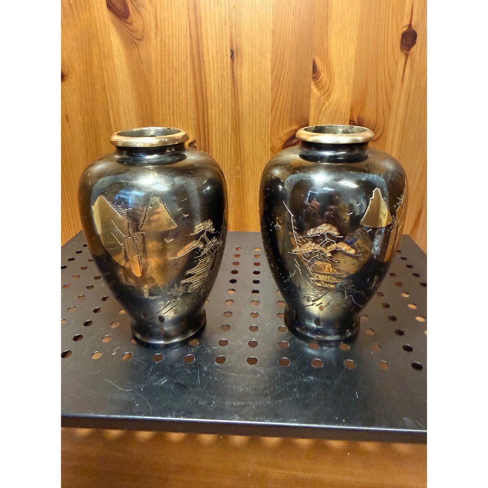 Vintage Japanese Mixed Metal Vases Pair Black Gold Pagoda Landscape 5.25 Inch